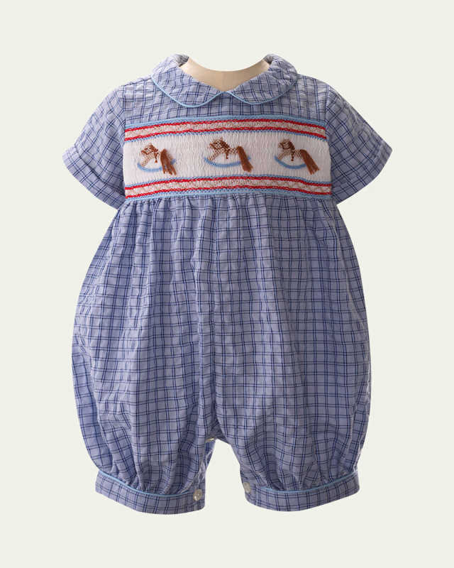 Boy's Check-Print Rocking Horse Smocked Playsuit, Size 3M-18